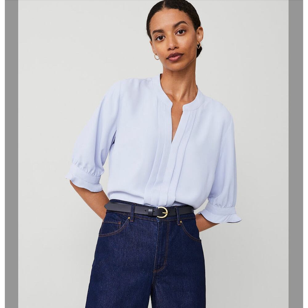 Ann Taylor Pleat Neck Popover Blouse – Frozen Blue – XL ❄️